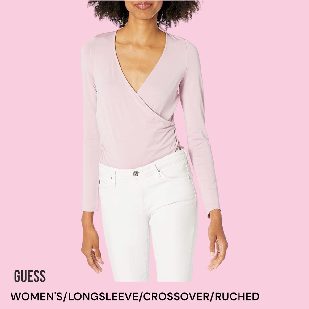 GUESS Women's Long Sleeve Crossover Ruched MENA Top, New Dawn Pink, Small